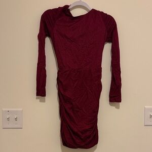 miami Long-Sleeve Ruched Wine Red Dress